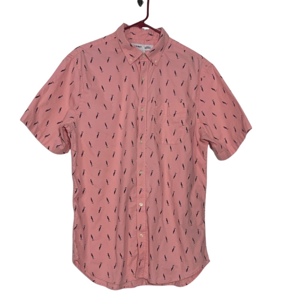 Old Navy Men's Pink Woodpecker All Over Button Down Shirt Men's LT Tropical